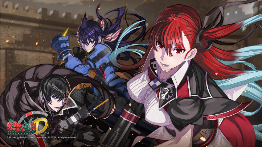 1boy, 2girls, armor, black_hair, blue_hair, gauntlets, hair_ribbon, highres