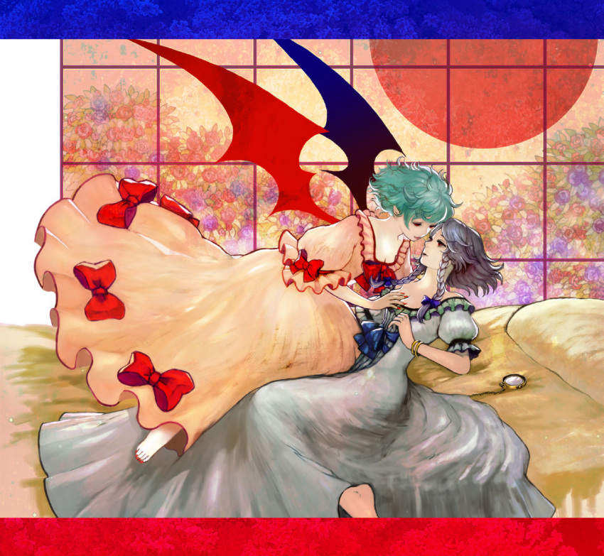 bat_wings, blue_hair, braid, dress, izayoi_sakuya, pocket_watch, red_eyes, remilia_scarlet