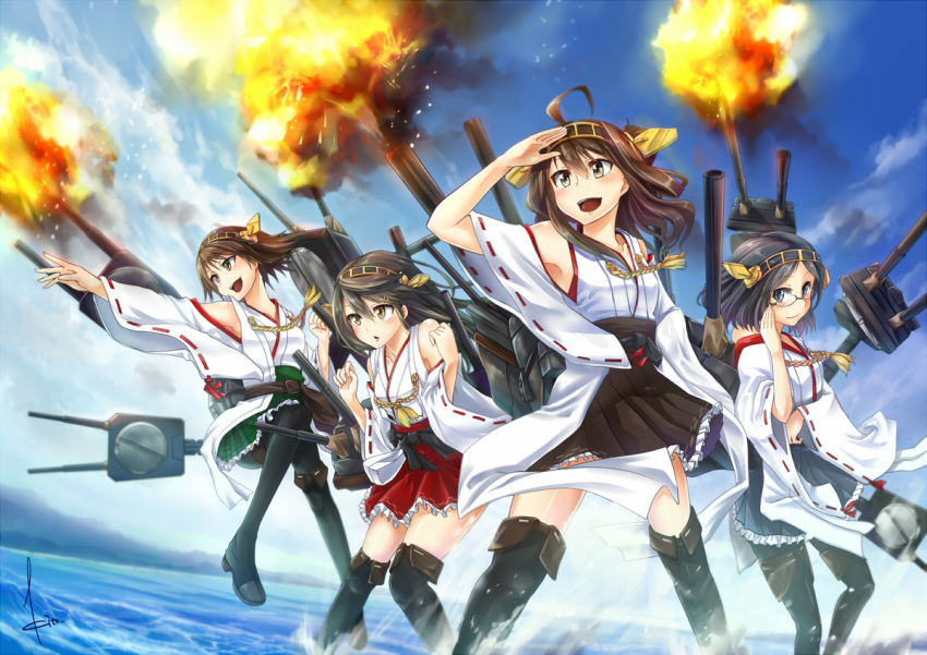 4girls, adjusting_glasses, ahoge, black_hair, blue_eyes, boots, brown_eyes, brown_hair