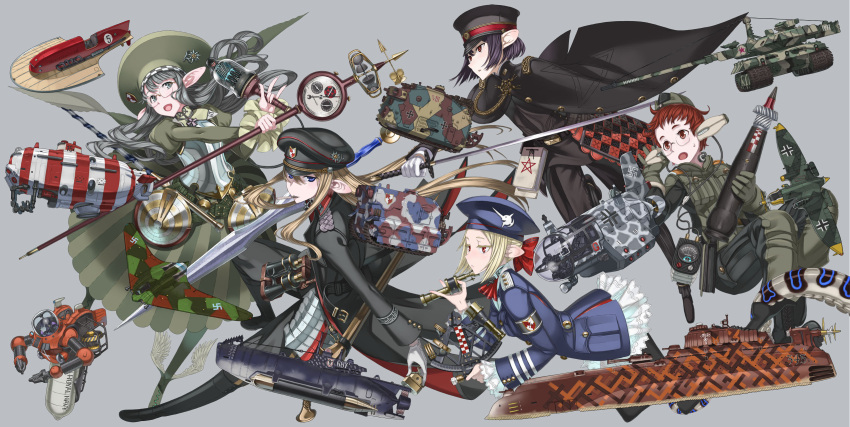 6+girls, :d, airplane, armor, binoculars, blonde_hair, blue_eyes, cigarette