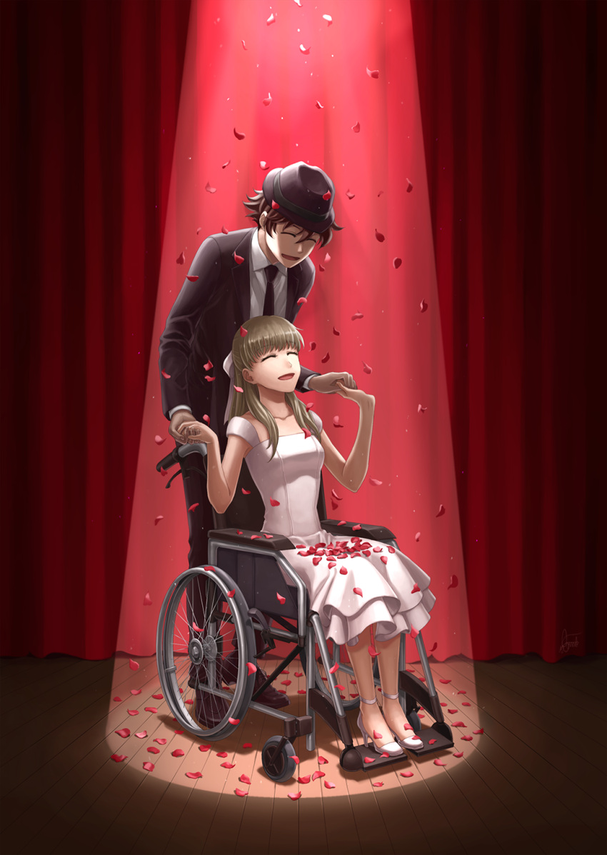 1boy, 1girl, bodom, brother_and_sister, brown_hair, closed_eyes, dress, formal, hat, highres, kekkai_sensen, leonardo_watch, long_hair, michella_watch, necktie, petals, short_hair, siblings, smile, suit, wheelchair