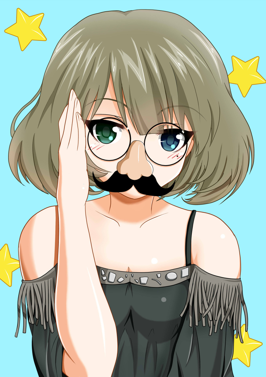 1girl, absurdres, adjusting_glasses, bare_shoulders, bespectacled, blue_eyes, brown_hair, facial_hair