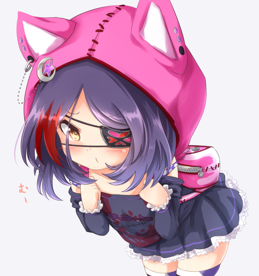 1girl, absurdres, animal_hood, blush, brown_eyes, cat_hood, eyepatch, hayasaka_mirei