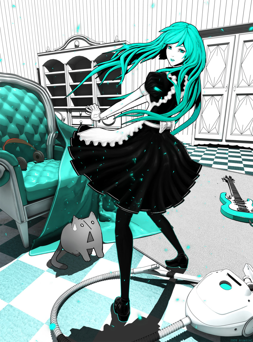 alternate_costume, aqua_eyes, aqua_hair, arsenixc, bad_id, cat, chair, checkered
