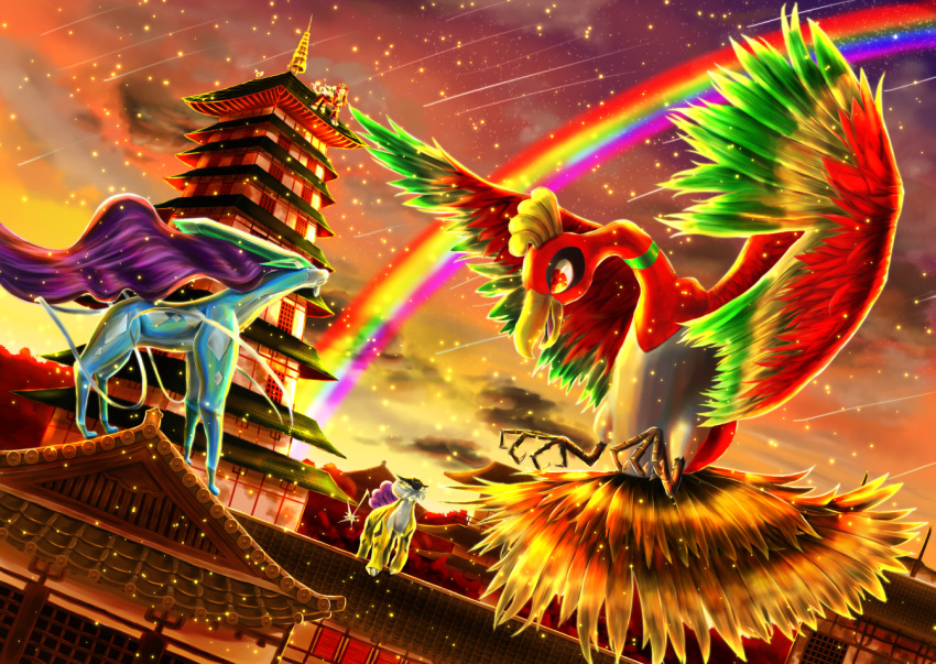 architecture, clouds, dutch_angle, east_asian_architecture, entei, falling_star, flyaspring4, ho-oh