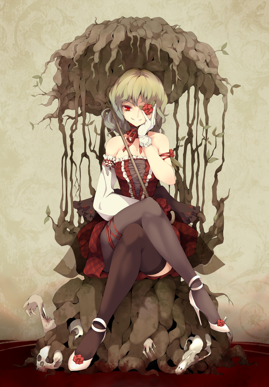 alternate_costume, arm, bare_shoulders, black_legwear, blood, corpse, covering_one_eye, crossed_legs