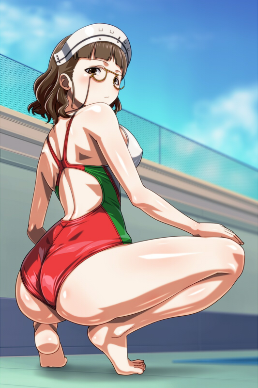 1girl, ass, barefoot, blush, brown_eyes, brown_hair, glasses, hairband