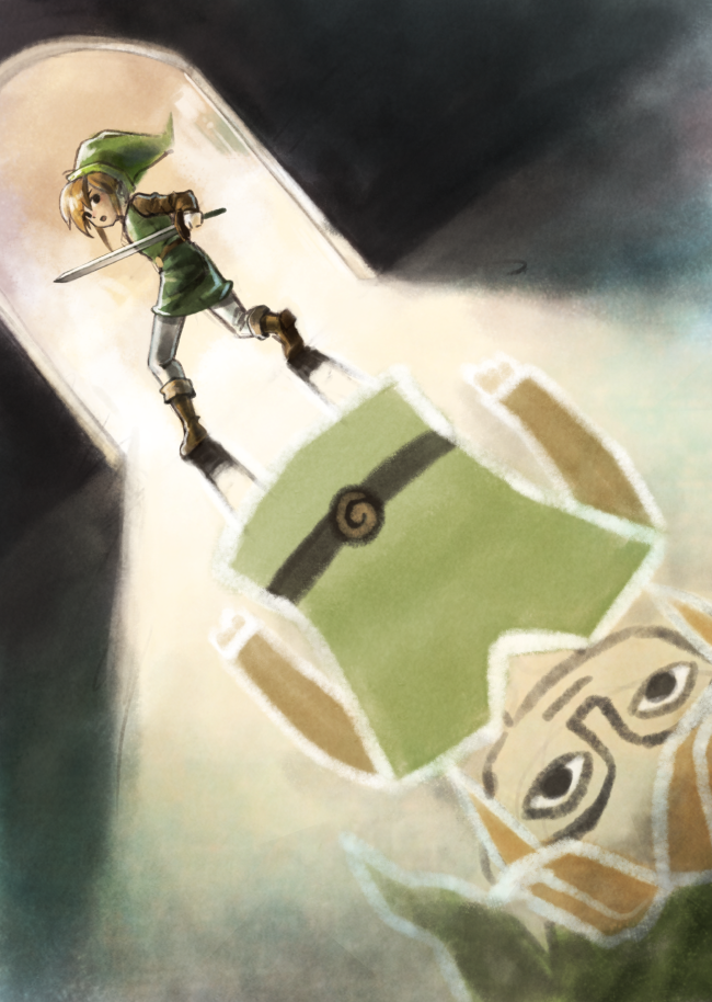 a_link_between_worlds, blonde_hair, child_drawing, different_shadow, dual_persona, hat, link, looking_back