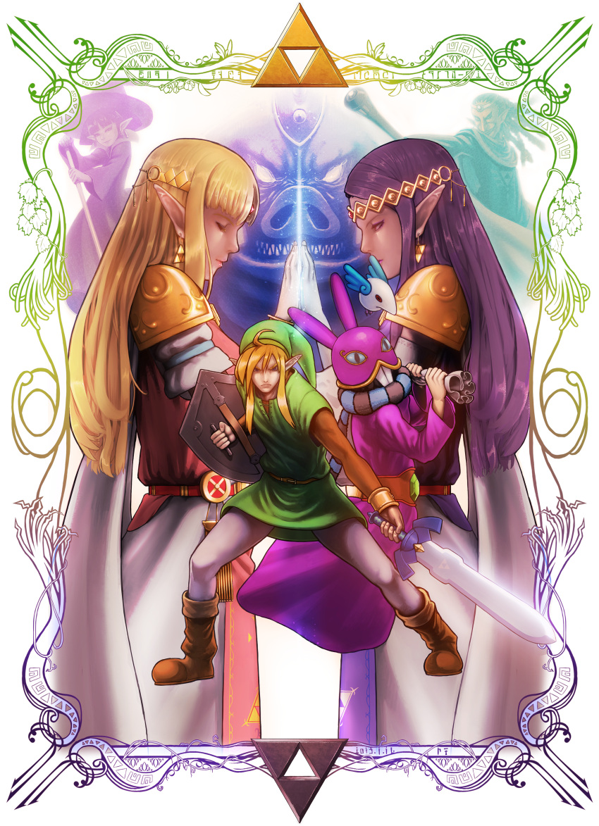 2boys, a_link_between_worlds, absurdres, animal_hat, back-to-back, blonde_hair, boots, border, cape, closed_eyes, elbow_gloves, ganon, gloves, hat, highres, irene_(the_legend_of_zelda), link, long_hair, master_sword, mirrored, multiple_boys, multiple_girls, over_shoulder, palms_together, pointy_ears, praying, princess_hilda, princess_zelda, purple_hair, ravio, sack, scarf, shield, shoulder_pads, staff, sword, the_legend_of_zelda, tiara, triforce, tunic, weapon, witch_hat, yachi_(fujiyasu0616)