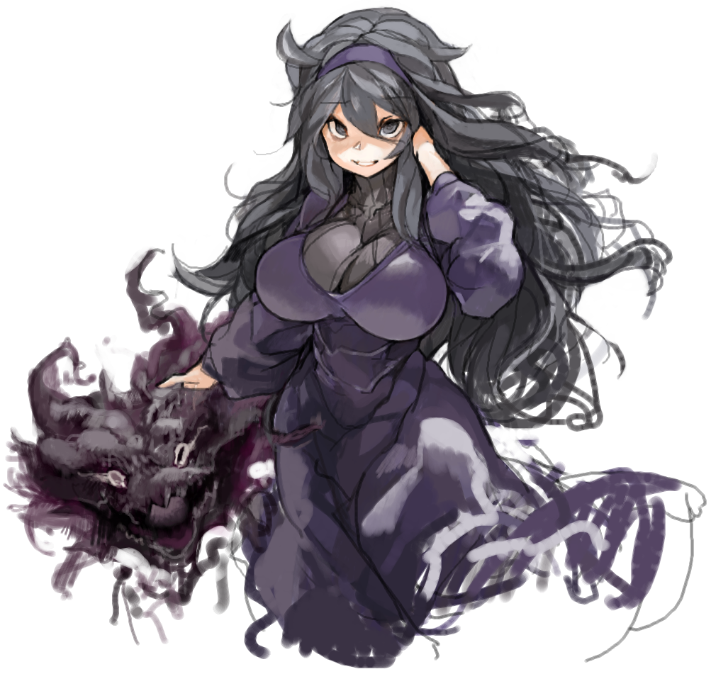 1girl, ahoge, black_eyes, black_hair, breasts, hairband, haunter, hex_maniac_(pokemon), large_breasts, long_hair, parted_lips, pokemon, pokemon_(creature), pokemon_(game), pokemon_xy, sachito, simple_background, smile, solo, white_background