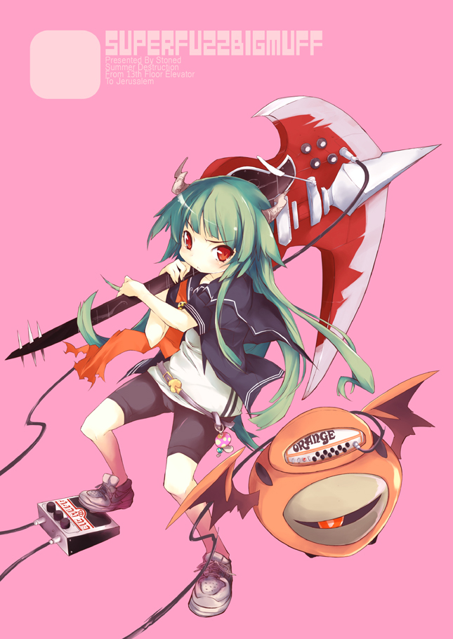 bike_shorts, green_hair, guitar, guitar_pedal, gym_uniform, horns, instrument, long_hair
