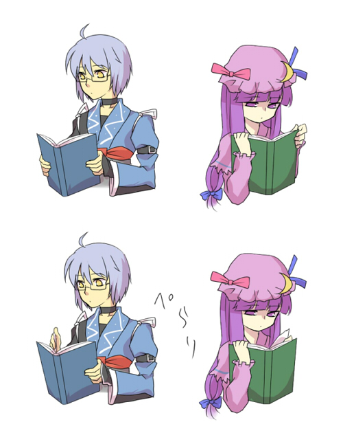 1boy, 1girl, ahoge, blue_bow, blue_ribbon, book, bow, crescent