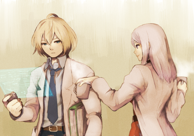 1boy, 1girl, blonde_hair, book, cup, grey_hair, klaus_(xenoblade), kutta, labcoat, maenas, mug, necktie, spoilers, xenoblade