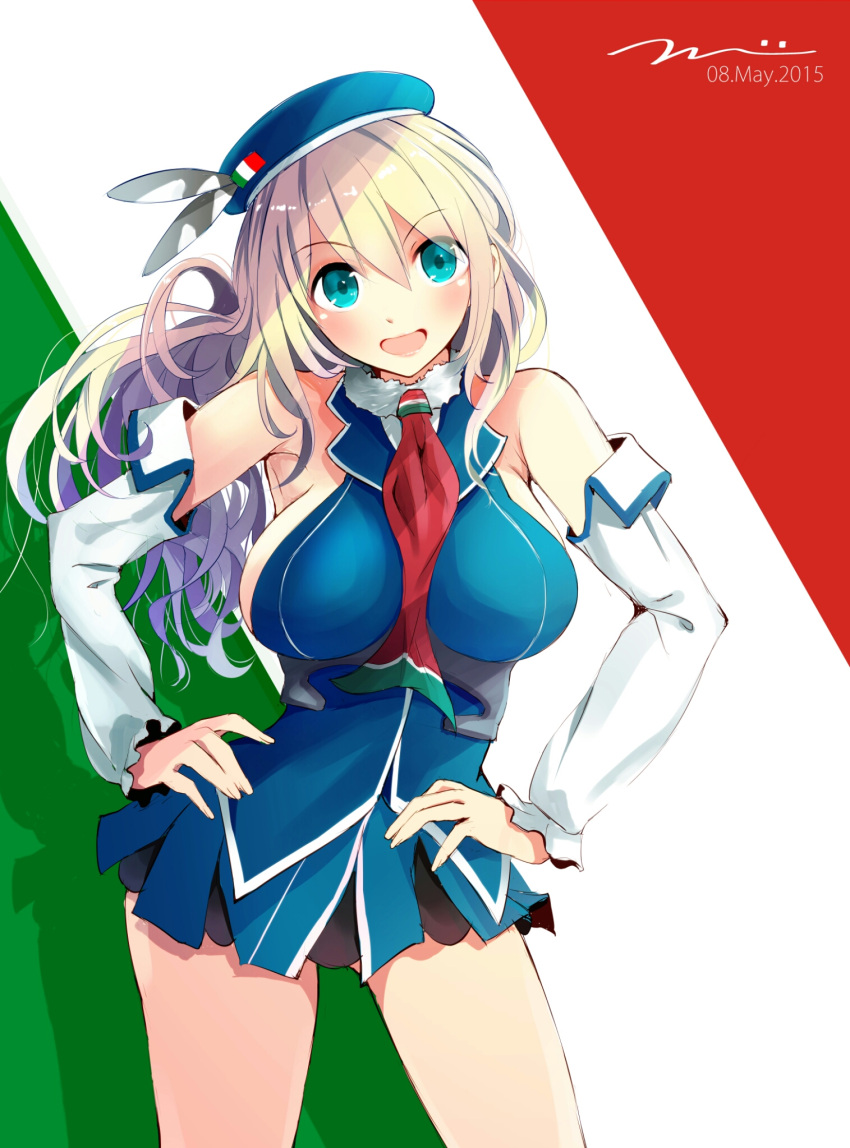 1girl, adapted_costume, alternate_costume, atago_(kantai_collection), blonde_hair, blue_eyes, breasts, cowboy_shot, dated, detached_sleeves, dress, hands_on_hips, hat, highres, italian_flag, kantai_collection, large_breasts, littorio_(kantai_collection)_(cosplay), long_hair, looking_at_viewer, miniskirt, open_mouth, skirt, smile, solo, striped, striped_background, tbd11