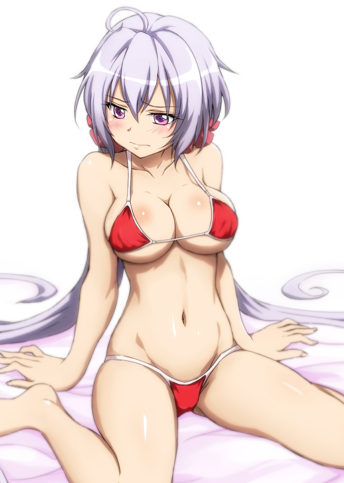 1girl, ahoge, arm_support, bare_legs, barefoot, bikini, blush, breasts, cleavage, collarbone, embarrassed, fujikawa_daichi, lavender_hair, leaning_back, long_hair, low_twintails, navel, red_bikini, senki_zesshou_symphogear, sitting, solo, swimsuit, twintails, very_long_hair, violet_eyes, wariza, yukine_chris