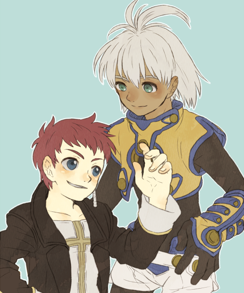 2boys, blue_eyes, chaos_(xenosaga), dark_skin, jr., kutta, multiple_boys, redhead