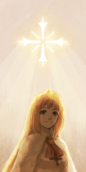 1girl, cross, dress, kutta, long_hair, orange_hair, solo, sophia_(xenogears), xenogears