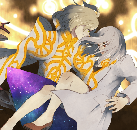 1boy, 1girl, blonde_hair, high_heels, klaus_(xenoblade), kutta, labcoat, maenas