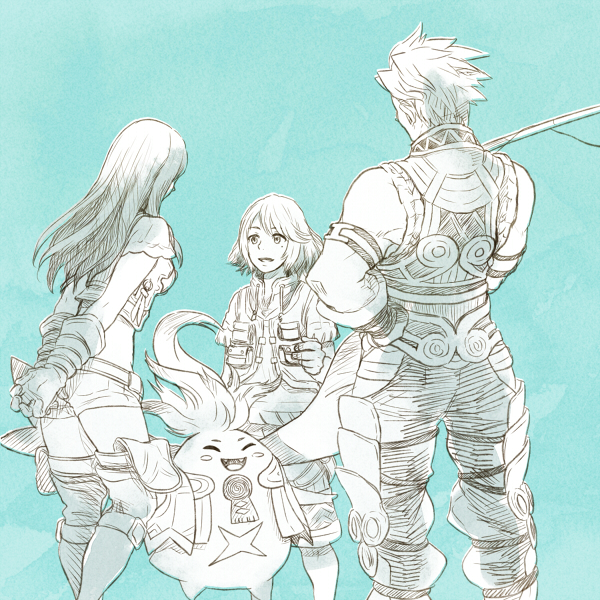 1girl, 2boys, carna, fishing_rod, juju_(xenoblade), kutta, monochrome, multiple_boys