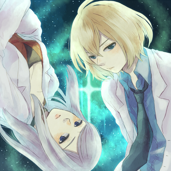 1boy, 1girl, blonde_hair, floating, grey_hair, klaus_(xenoblade), kutta, labcoat