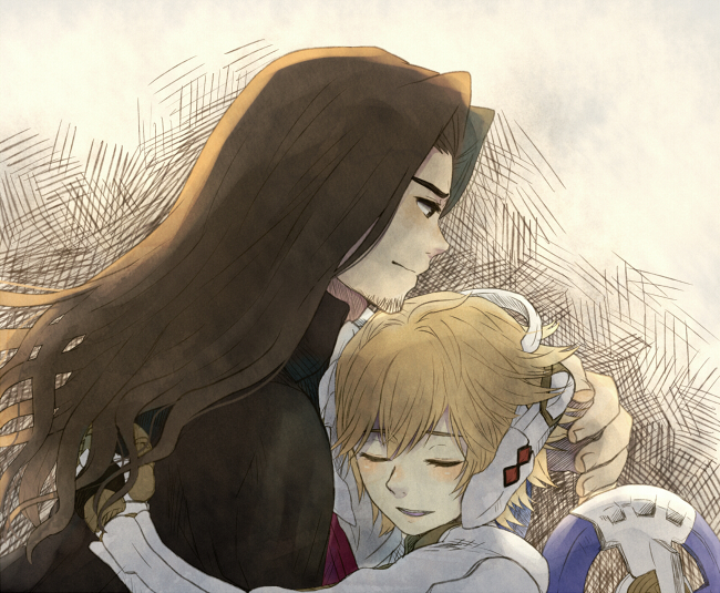 1boy, 1girl, blonde_hair, brother_and_sister, brown_hair, cyborg, dunban, facial_hair