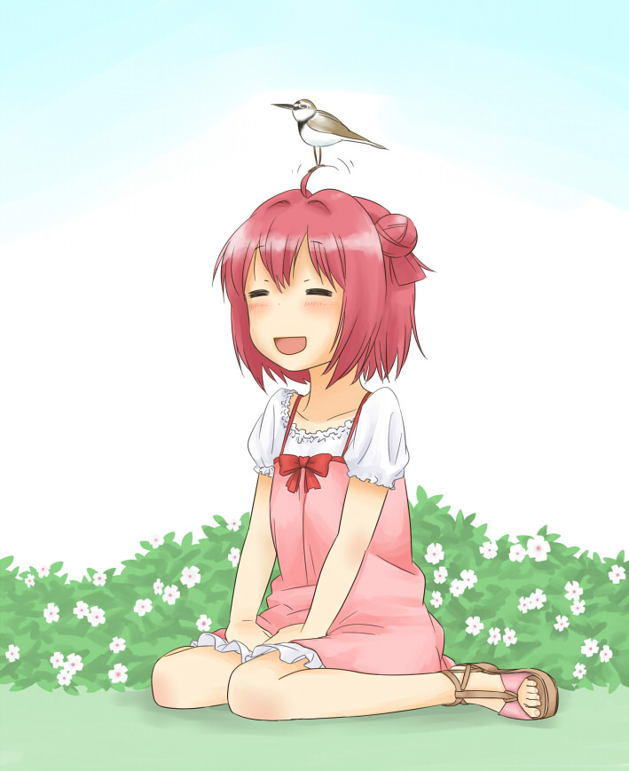1girl, :d, ahoge, akaza_akari, animal_on_head, bird, bird_on_head, casual