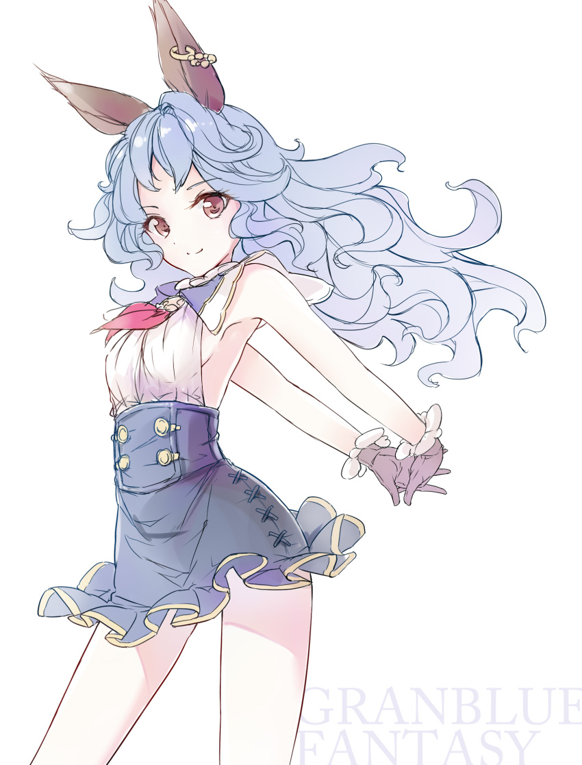 1girl, animal_ears, arms_behind_back, blue_hair, brown_eyes, copyright_name, curly_hair, ferri_(granblue_fantasy)