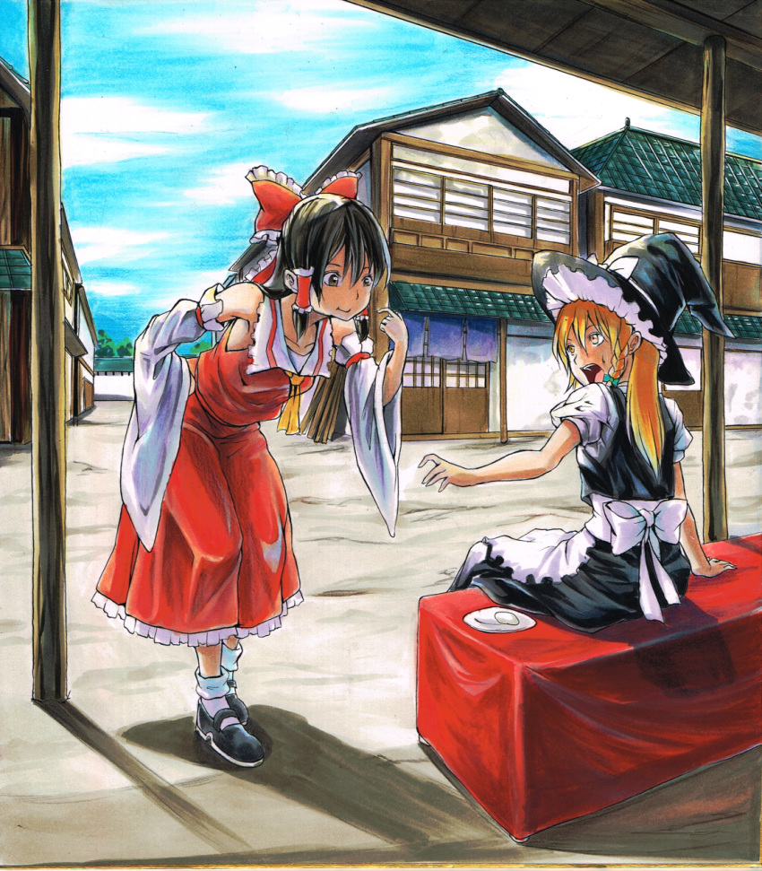 2girls, :t, apron, architecture, bending_forward, black_hair, blonde_hair, braid