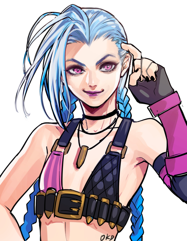 1girl, bikini_top, black_nails, blue_hair, braid, bullet, choker, eyebrows, eyeliner, fingerless_gloves, flat_chest, gloves, jewelry, jinx_(league_of_legends), league_of_legends, lipstick, long_hair, makeup, nail_polish, necklace, nose, okada_(hoooojicha), pink_eyes, purple_lipstick, single_elbow_glove, solo, twin_braids, upper_body, very_long_hair