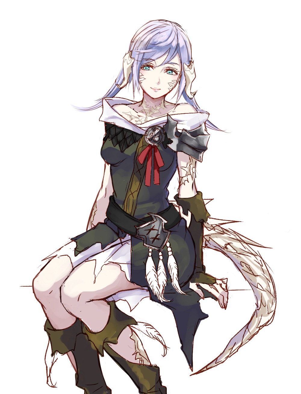 1girl, au_ra, bare_shoulders, chanmi, feathers, final_fantasy, final_fantasy_xiv, green_eyes