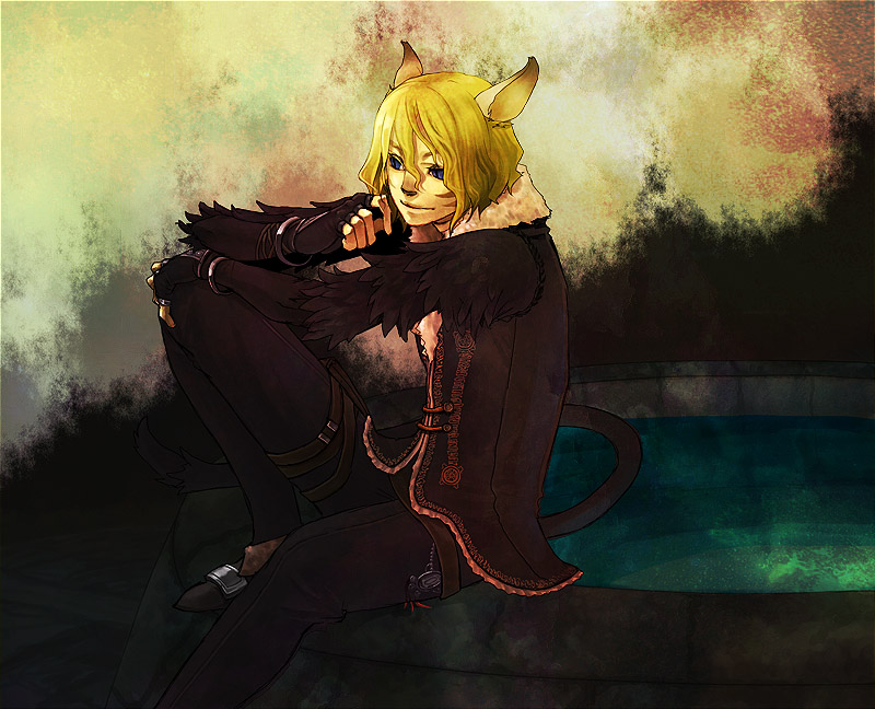animal_ears, blonde_hair, blue_eyes, final_fantasy, final_fantasy_xi, fingerless_gloves, gloves, lehko_habhoka, male, mithra, sitting, smile, solo, tail
