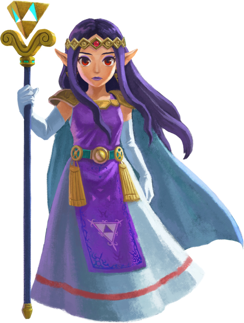 1girl, a_link_between_worlds, absurdres, cape, earrings, elbow_gloves, eyeshadow, forehead_jewel