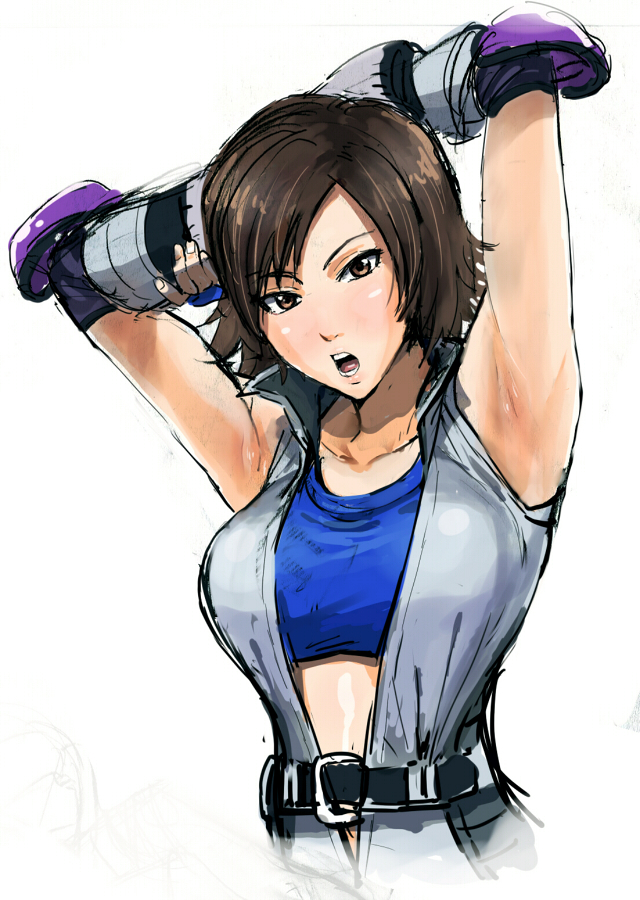 1girl, armpits, brown_eyes, brown_hair, collarbone, ishii_takamori, kazama_asuka, namco