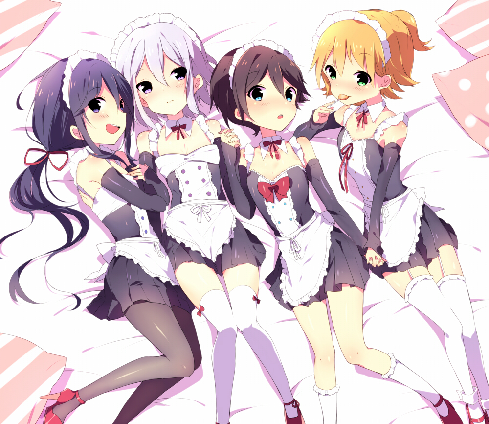 4boys, alternate_costume, apron, black_hair, black_legwear, blonde_hair, blue_eyes, candy