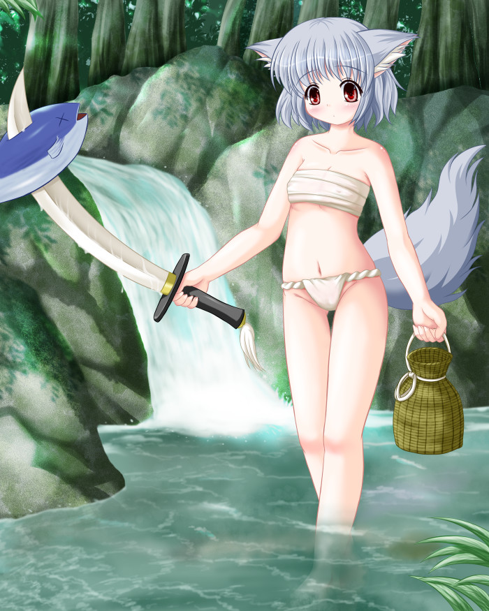 animal_ears, fish, fundoshi, inubashiri_momiji, red_eyes, riku_(pixiv), riku_(rikkuru), sarashi, short_hair, silver_hair, solo, swimsuit, sword, tail, touhou, water, weapon, wolf_ears, wolf_tail