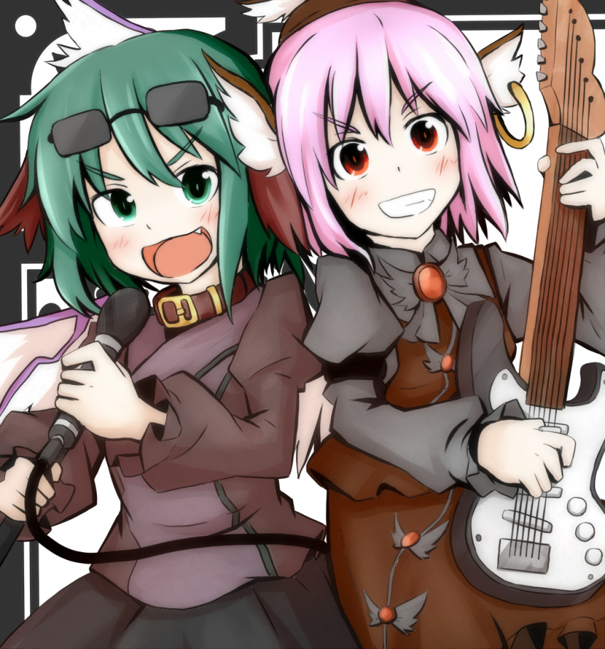 2girls, alternate_costume, animal_ears, bird_wings, brooch, choujuu_gigaku, collar, electric_guitar