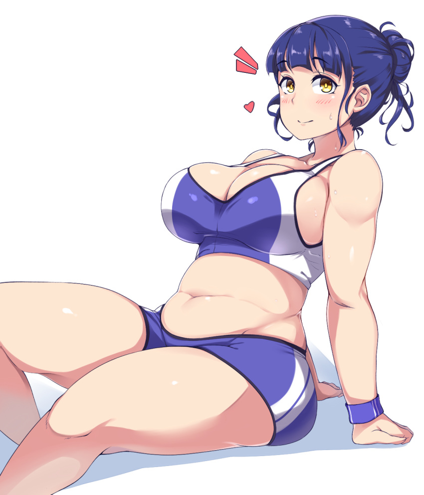 1girl, :>, blue_hair, blush, breasts, cleavage, hair_bun, highres