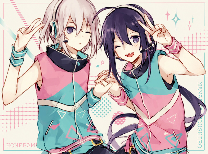 2boys, ;d, ahoge, black_hair, contemporary, headset, highres, holding_hands