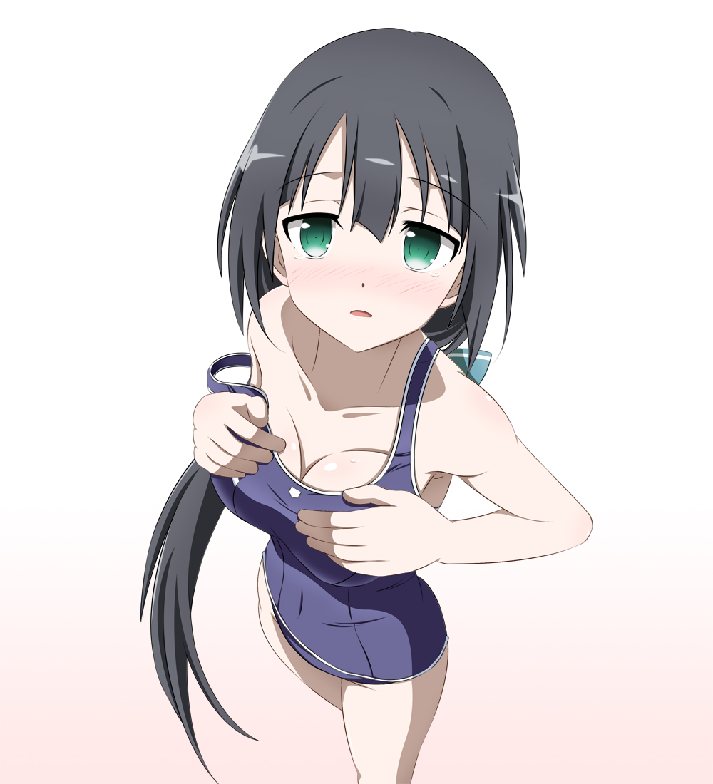 1girl, black_hair, breasts, cleavage, green_eyes, long_hair, ototsu_(nitta225), school_swimsuit