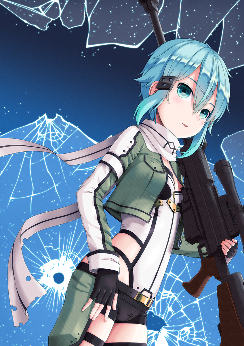 1girl, anti-materiel_rifle, blue_eyes, blue_hair, fingerless_gloves, gloves, gun, hane_yoshiyumi