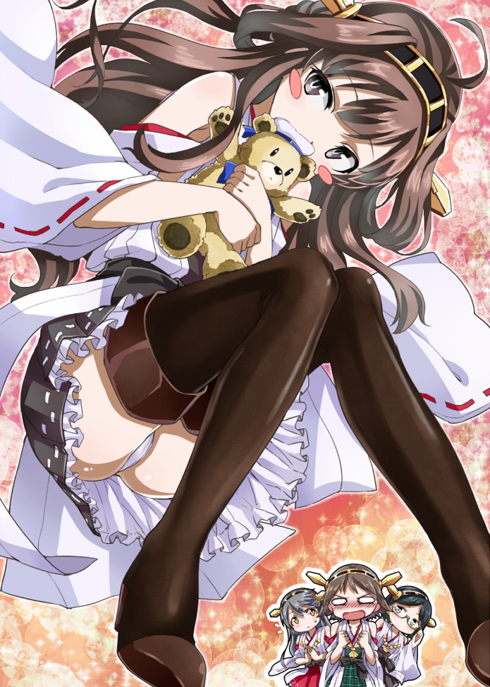 4girls, bare_shoulders, blue_eyes, brown_hair, collaboration, colored, detached_sleeves, double_bun