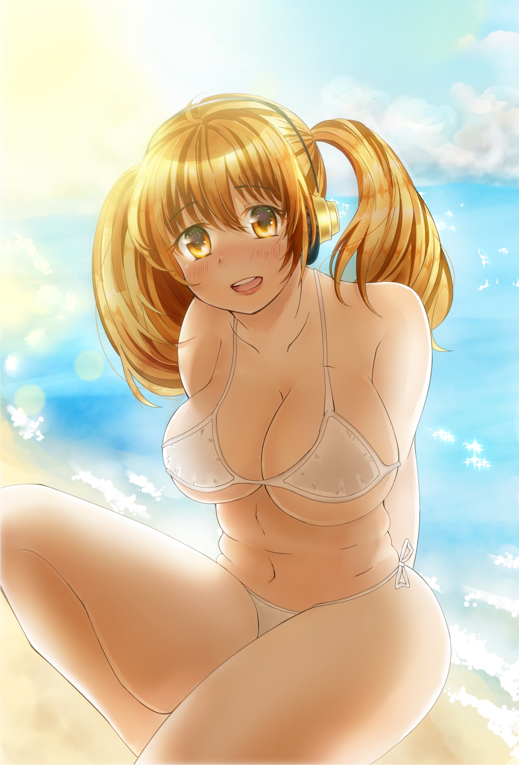 1girl, arms_behind_back, backlighting, beach, bikini, blonde_hair, blush, breasts