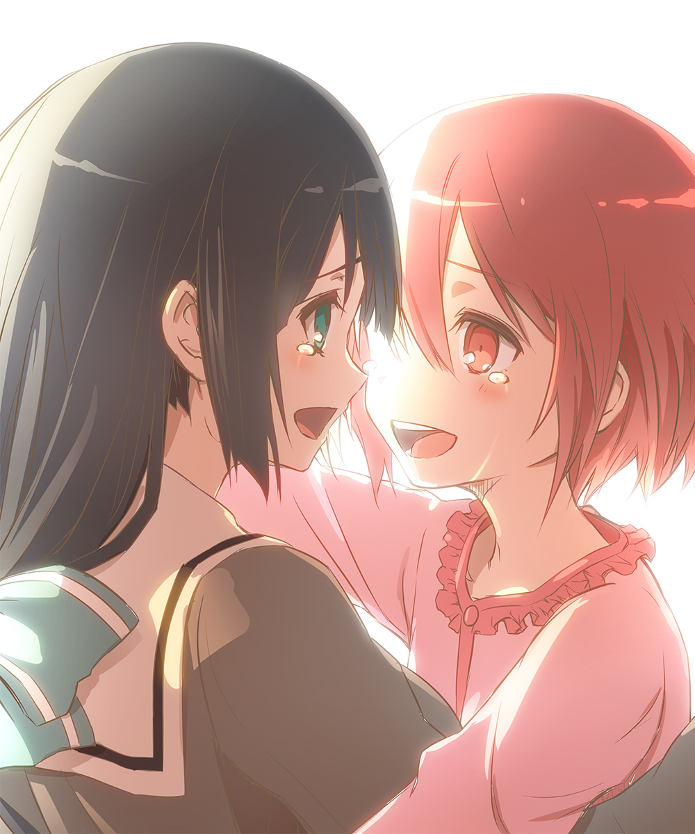 2girls, :d, black_hair, casual, eye_contact, green_eyes, hair_ribbon, highres