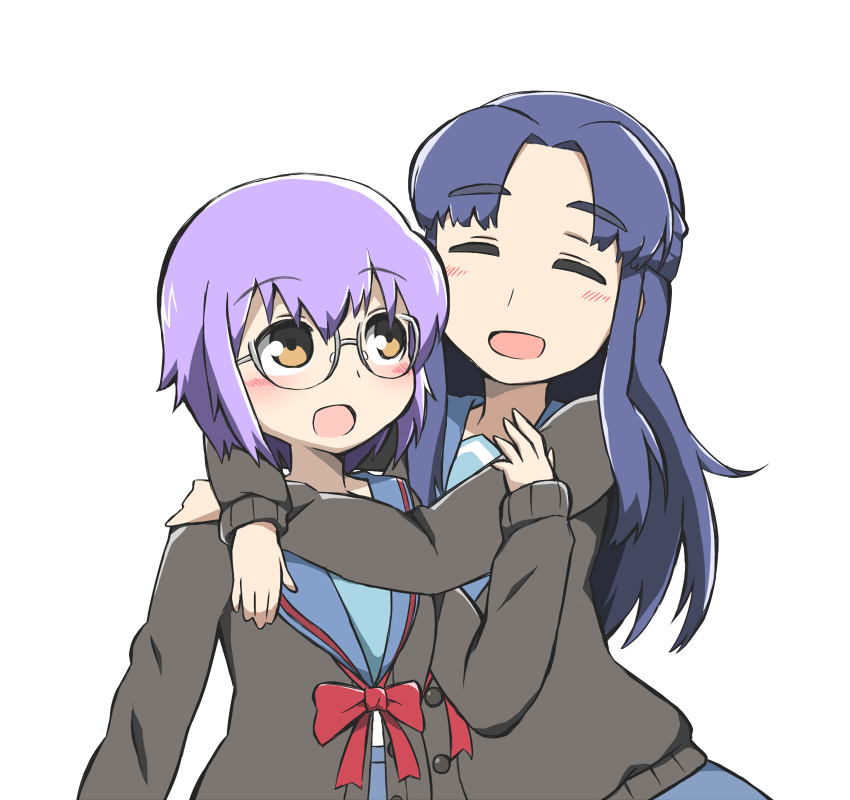 2girls, asakura_ryouko, blue_hair, blush, brown_eyes, cardigan, closed_eyes, glasses, hug, long_hair, multiple_girls, nagato_yuki, nagato_yuki-chan_no_shoushitsu, sakaroshi, school_uniform, short_hair, smile, suzumiya_haruhi_no_shoushitsu, suzumiya_haruhi_no_yuuutsu