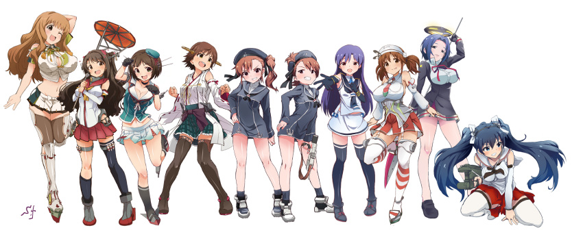 >:d, 6+girls, :3, :d, :p, bare_shoulders, black_hair, blue_eyes