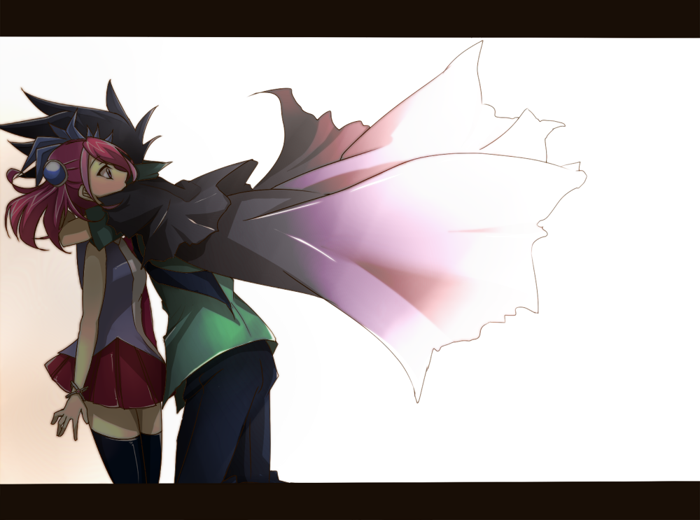 1boy, 1girl, black_legwear, blush, bracelet, cape, hair_ornament, hiiragi_yuzu, hug, jewelry, short_hair, skirt, sleeveless, white_background, yaharinaneanisu, yuto_(yuu-gi-ou_arc-v), yuu-gi-ou, yuu-gi-ou_arc-v