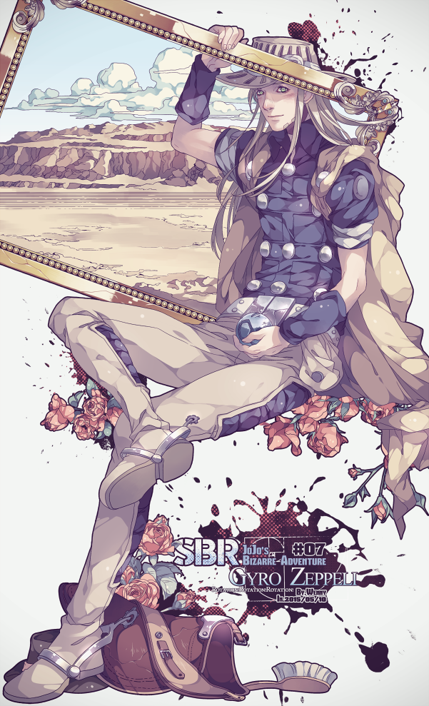 artist_name, bag, ball, blonde_hair, boots, brush, character_name, clouds, copyright_name, dated, flower, golden_rectangle, gradient, gradient_background, gyro_zeppeli, hat, jojo_no_kimyou_na_bouken, mountain, picture_frame, sitting, steel_ball, steel_ball_run, wenny02, wristband