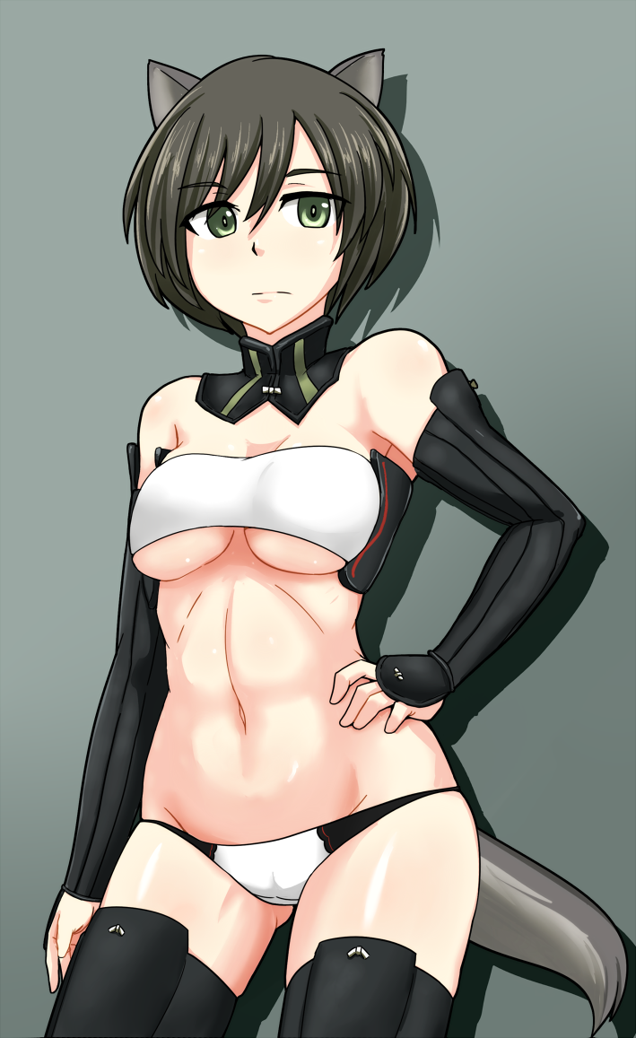 1girl, black_hair, black_legwear, gauntlets, green_eyes, hand_on_hip, haru-same, kuroe_ayaka