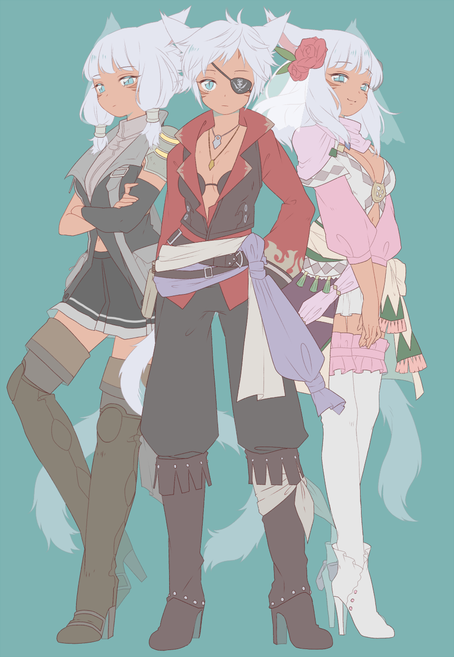 3girls, animal_ears, aqua_eyes, bard_(final_fantasy), belt, blue_hair, boots, bra, breasts, cat_ears, cat_tail, cleavage, closed_mouth, eyepatch, facial_mark, final_fantasy, final_fantasy_xiv, flower, hair_flower, hair_ornament, hair_tubes, high_heels, highres, jewelry, long_hair, miqo'te, multiple_girls, multiple_persona, necklace, open_clothes, open_shirt, pants, sash, shirt, short_hair, shoulder_pads, skirt, skull_and_crossbones, smile, tail, thigh-highs, thigh_boots, underwear, veil, wagashi_(goma_dango), zettai_ryouiki