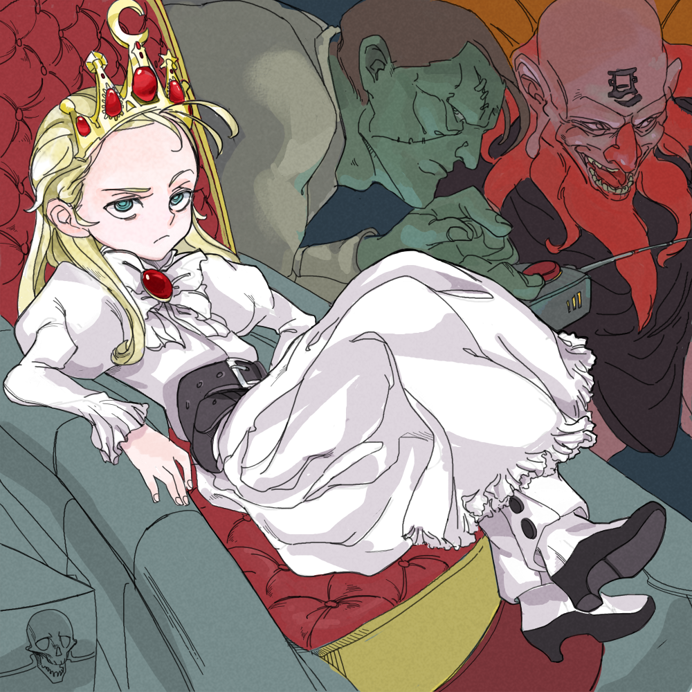 1girl, 2boys, antenna_hair, blonde_hair, blue_eyes, boots, bored, crossed_legs